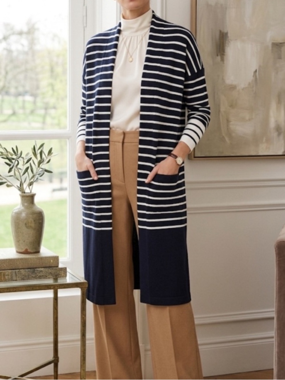 Cabi Harbor Cardigan Navy White Stripes -  Medium